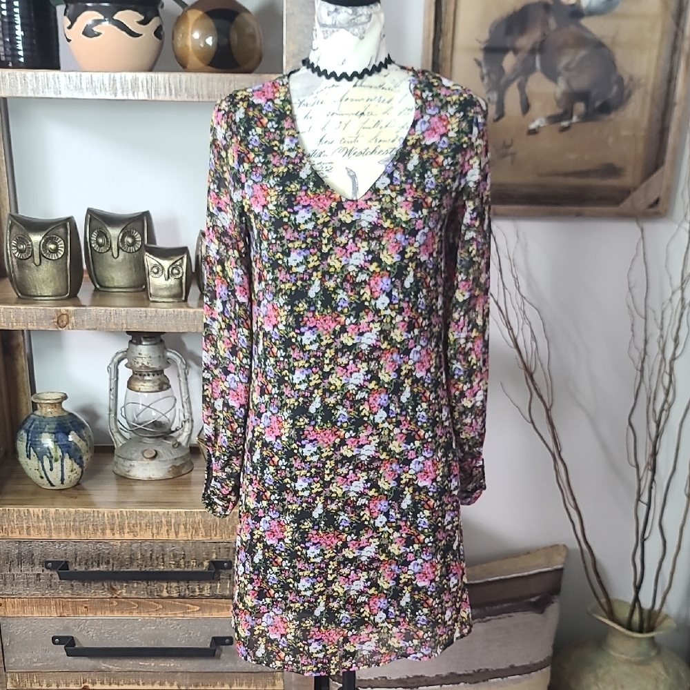 Floral V-Neck Long Sleeve Dress - Black Multi